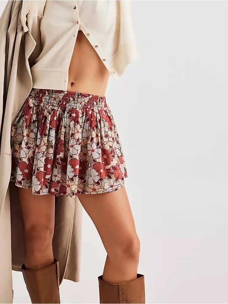 Free People Floral Smocked Waist Mini Shorts - Rust, White, Brown